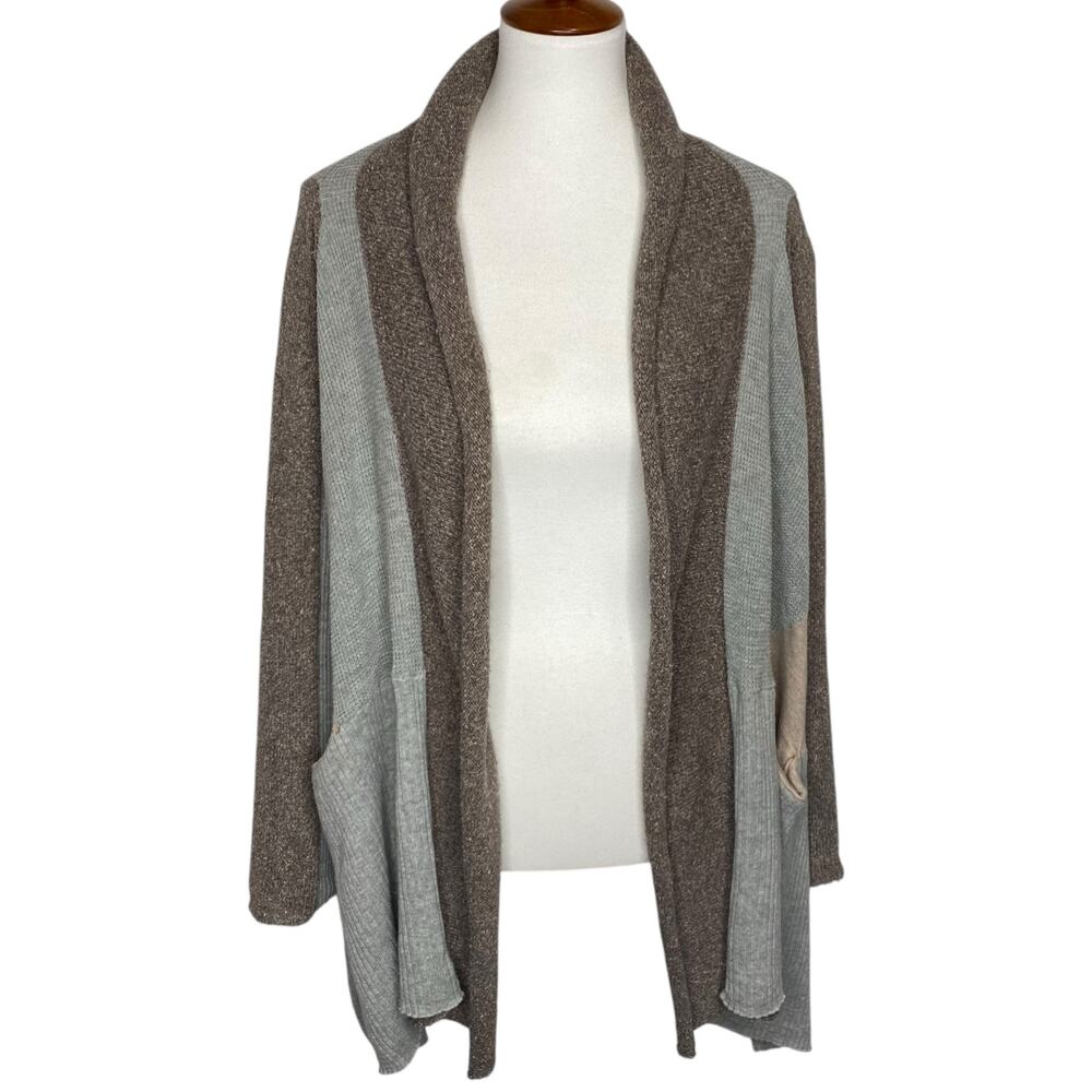 Anthro Sparrow Patchwork Open Cardigan Gray Mixed Knit Sweater Small Festival